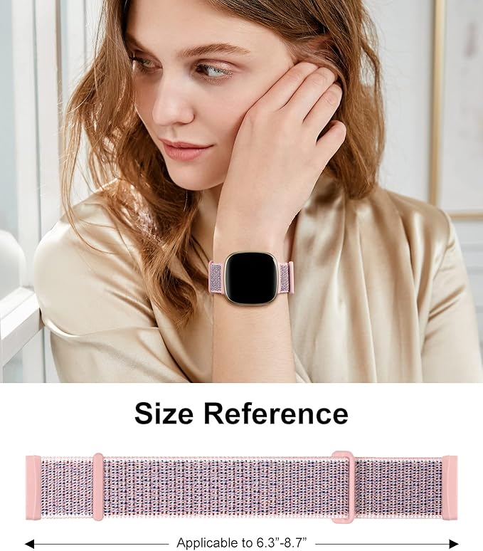 Nylon Sport Loop Bands Compatible with Fitbit Versa 3/Versa 4/Fitbit Sense/Sense 2 Band for Women Men, Adjustable Stretchy Braided Replacement Accessories Straps for Fit bit Versa 3 4 Bands, Pink
