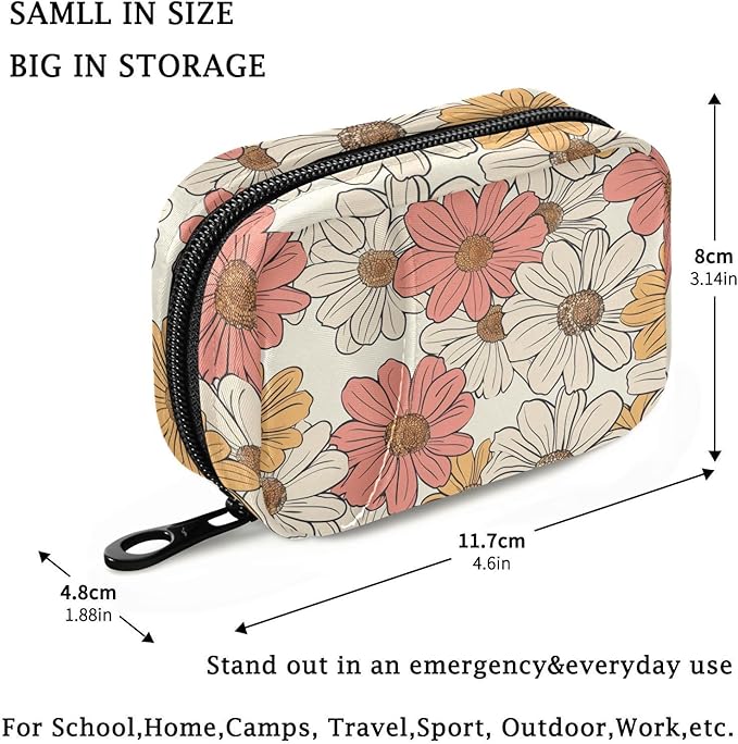 Fustylead Hand Drawn Retro Groovy Daisy Flowers Pill Organizer for Purse, Weekly Portable Pill Box with Zipper to Storage Vitamins Fish Oils Medications Supplements