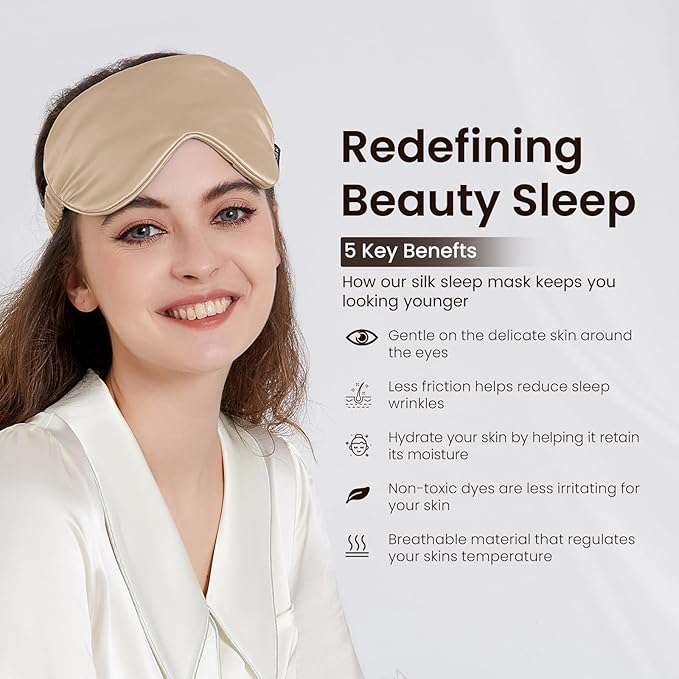 THXSILK Sleep Mask 100% 25 Momme Pure Mulberry Silk Super Smooth Cooling Sleep Eye Mask Blackout for Women/Man/Kids, Eye Cover with Wide Head Strap for Good Night Sleep, Champagne