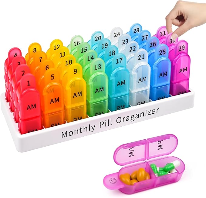 Monthly Pill Organizer 2 Times A Day, Greencycle 30 Day Medicine Organizer, AM PM Pill Cases, 4 Week Pill Box, Small Compartments to Hold Vitamins Fish Oil Supplements Great for Travel