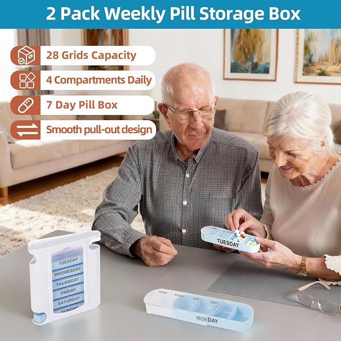 7 Day Pill Organizer 4 Times a Day Medicine Organizer Morning Noon Night Daily Pill Dispenser Stackable Weekly Pill Organizer for Home Travel