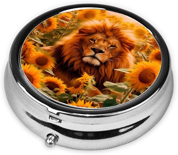 Lion Sunflowers Field Pill Box 3 Compartment Pill Case, Portable Medicine Pill Organizer for Pocket Purse Pill Box Decorative Metal Medicine Vitamin Organizer