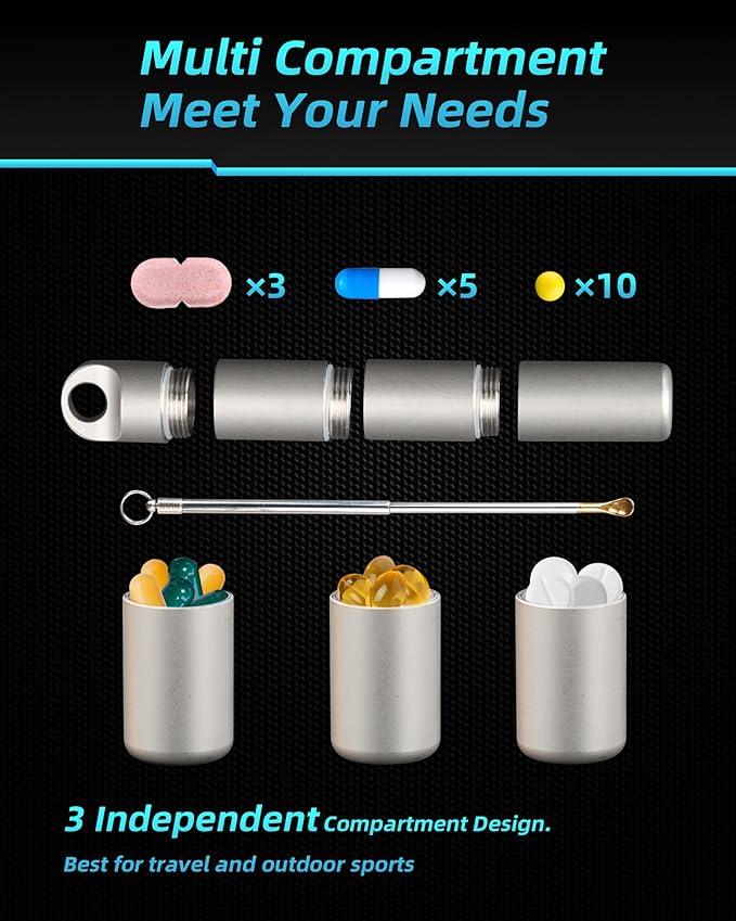Small Keychain Pill Holder,304 Stainless Steel Portable Pill Case Organizer for Travel,Waterproof Pocket Pill Container Medicine Box for Purse Men (Medium 0.49in with Spoon)