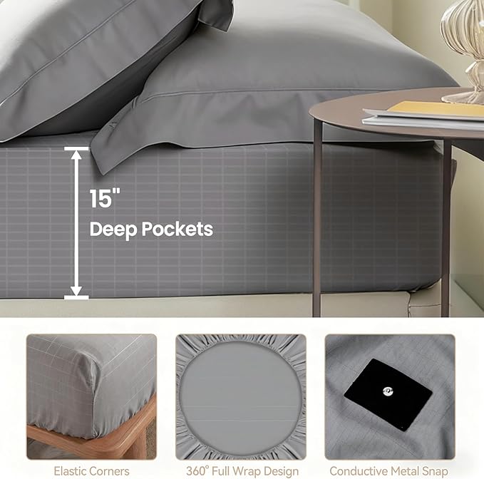 Grounding Sheets King Size 90% Organic Cotton,10% Silver Fiber Grounding Well Bed Sheets for Better Sleep and Stress Relief Earthing Grounding Sheets Deep Pocket 15" Design(Grey,80x76x15.8)