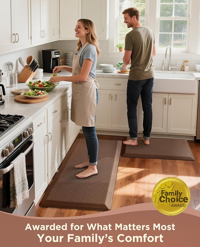Ophanie Kitchen Mats for Floor, 3/4 inch Thick, 17x24 Anti Fatigue Cushioned Mat, Kitchen Rugs, Waterproof, Comfort Ergonomic Standing Mat for Office, Home, Sink, Brown Non-Slip Ridged Bottom