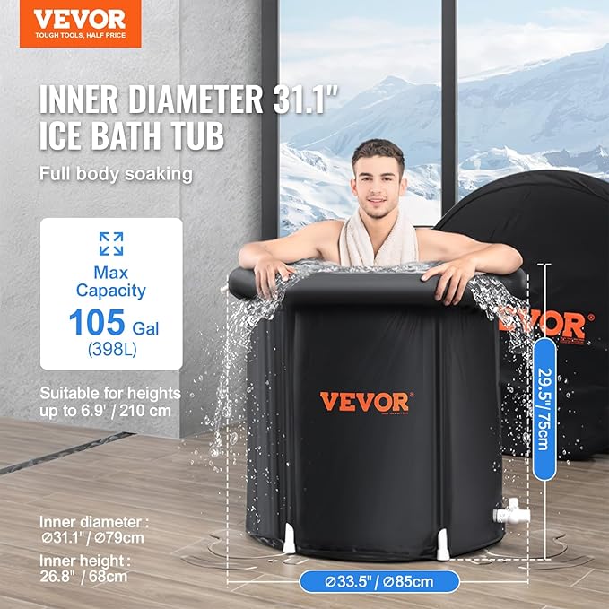 VEVOR Ice Bath Tub XL, Cold Water Therapy Plunge Tub for Athletes, Portable Outdoor Ice Barrel Plunge Pool for Recovery (Black, 105 Gal)
