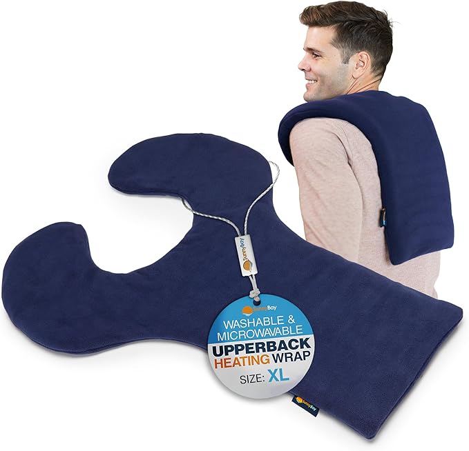 SunnyBay Shoulder and Upper Back Heating Pad, Microwavable Heated Neck and Shoulder Wrap, Weighted Moist Pain Relief Pack with Washable Cover and Flax Seed Filling, Extra Large, Midnight Blue