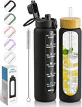 Nefeeko 32 oz Glass Water Bottles with Straw, Time Marker, Motivational 1 Liter BPA FREE Leakproof Reusable Glass Water Bottle with Silicone Sleeve, Bamboo, Spout Lid