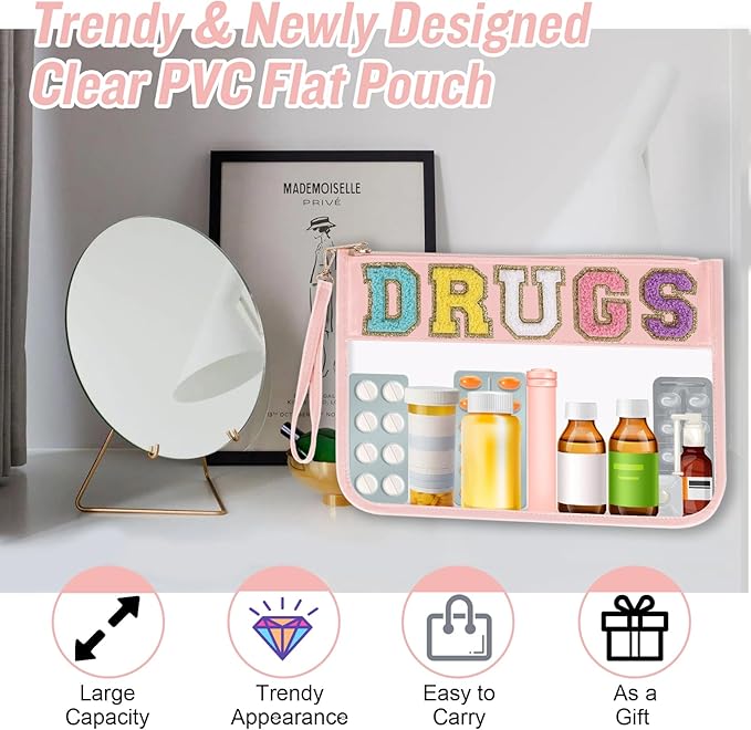Chenille Letter Clear Bag DRUGS Makeup Pouch, Waterproof Medicine Bag for Traveling Preppy Zipper Pouch with Wristlet, Women Portable Small Cute Glitter Preppy Cosmetic Pouch Toiletry Bag(DRUGS-Pink)
