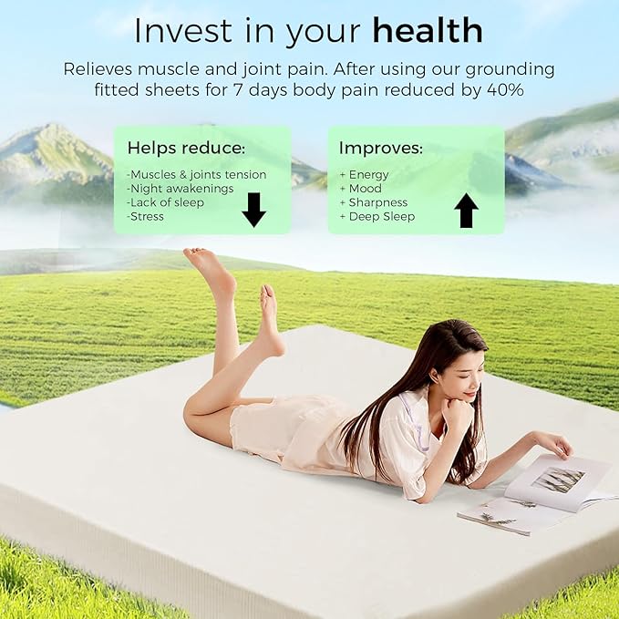Grounding Sheets King Size, Earthing Fitted Sheets, 95% Cotton 5% Pure Silver Fiber, Grounded Sheets with Grounding Cord, Conductive Earthing Bed Sheet Grounding Cover for Better Sleep (Beige, King)
