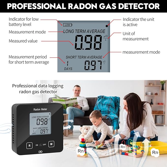 HRDM-03B Home Radon Detector, Portable Radon Meter, Elifecity Long and Short Term Home Radon Monitor, Battery-Powered, Easy-to-Use, Ensure Your Home's Safety, Black