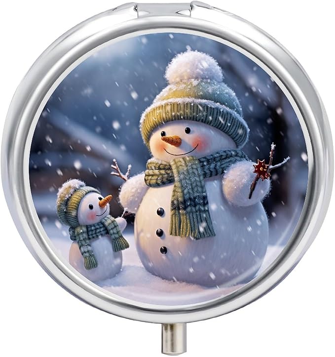 Winter Snowman Pill Case 3 Compartment Portable Pill Box Daily Round Pill Organizer for Pocket Purse Daily Medicine Container to Hold Vitamins Fish Oil Travel Gifts