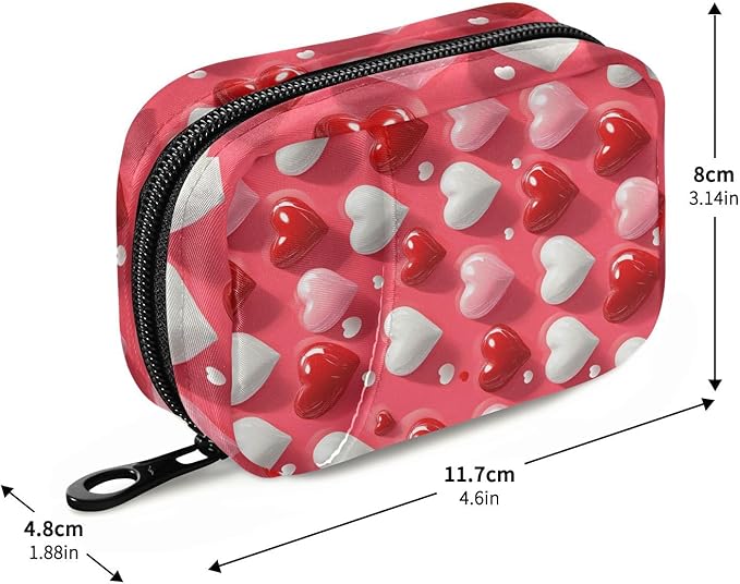 Heart Red Pink Travel Pill Case Bag with Compartments Twill Fabric Organizer with Plastic Inner Box for Medication Vitamins & Supplements
