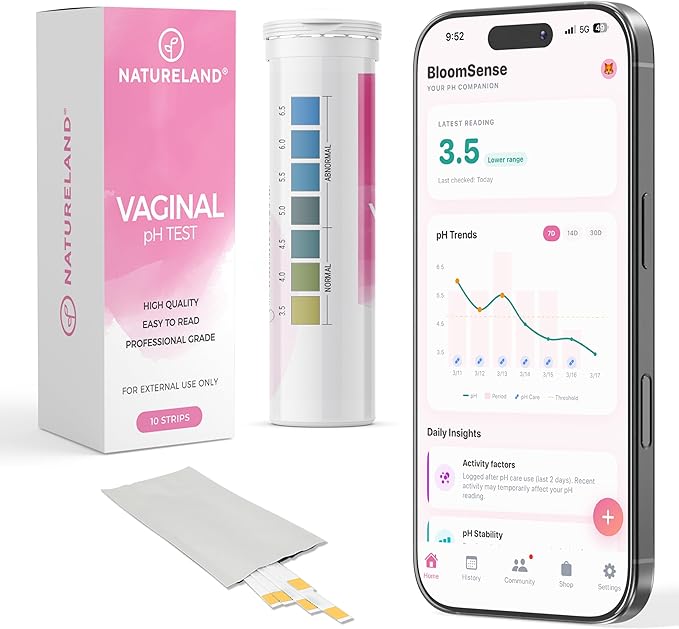 NATURELAND Vaginal pH Test Strips for Women – At-Home Test Kit, with BloomSense App, Accurate 3.5-6.5 Range, Foil-Sealed (10 Strips)