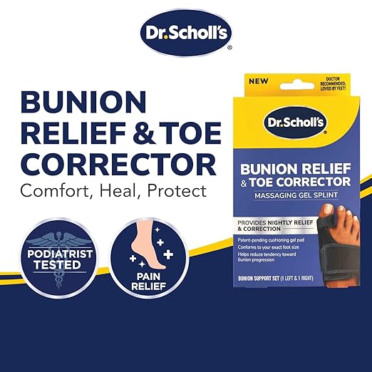 Dr. Scholl's BUNIONRELIEF & TOE CORRECTOR Massaging Gel-Bunion Splint & Big Toe Straightener-Orthopedic-Bunion for Women&Men Bunion Pads for-BunionPainRelief,1 Support Set (Left&Right),(Pack of 2)