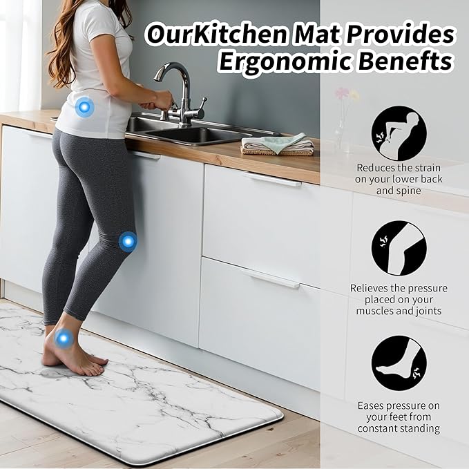 Marble White Kitchen Mats for Floor Anti Fatigue Mats for Kitchen Floor Kitchen Rugs Abstract Art Decorative Cushioned Non Slip Waterproof Mats for Office Bedroom Laundry, 17.3"x 47"