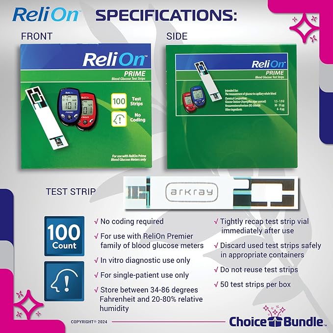 ReliOn Prime Blood Glucose Test Strips 100 Ct Reli On Choice Bundle Plus Food for Life & Portable Pill Holder (3 Items)!
