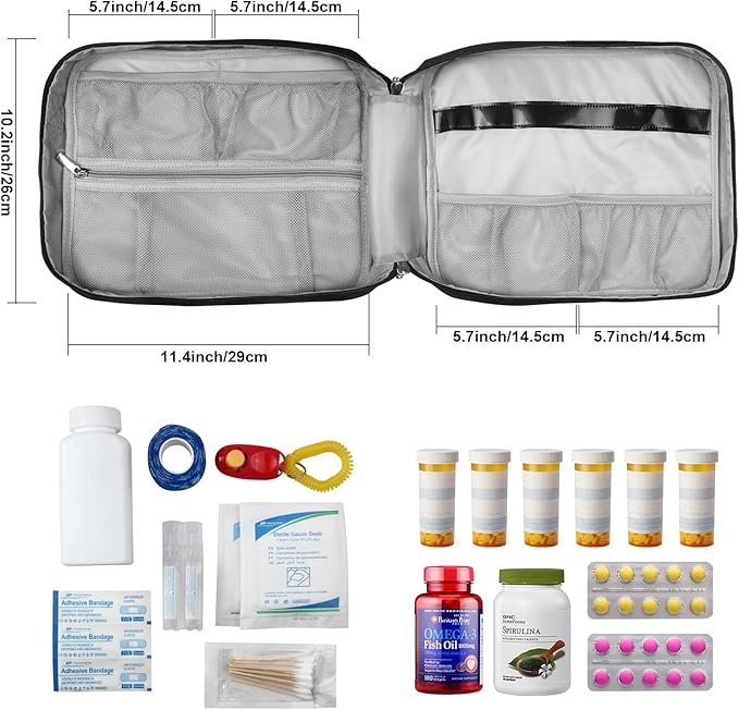 Medicine Pill Bottle Organizer Bag, Large Travel Pill Case Box and Storage, Lockable Vitamins Pill Carrier for Drug, Fish Oil, Medical Supplies (Black)