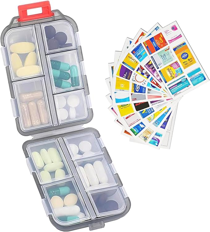 INVODA 7-Day Pill Organizer with Medicine Labels Travel Pill Case Compact, Portable Medication Organizer for Daily Use (3.7 x 2.4 x 1.18 Inches)