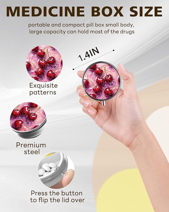 LRITER Pill Case, Portable Travel Pill Box, Pillbox Organizer, Cute Small Medicine Storage Container, Purse Accessories for Women, Men (Cherry)