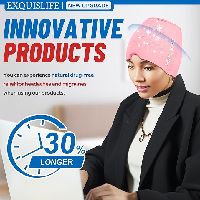 EXQUISLIFE Migraine Ice Head Wrap Cap Headache Relief Hat Hot and Cold Therapy Eyes Mask for Sinus Tension and Stress Relief (Pink)