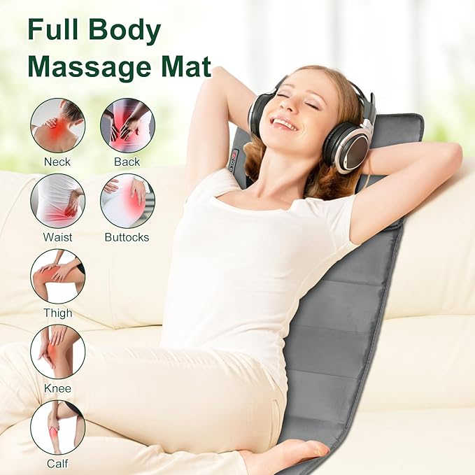 Full Body Massage Mat with Heat, 10 Vibration Nodes Massage Chair Pad with 3 Heating Levels, Multifunctional Full Body Relaxation Seat Back Massager with Head Neck Foot Massage Pillow for Home Office
