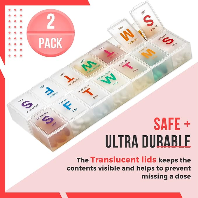 Large Weekly Pill Organizer - 2 Pack AM PM Pill Box - XL 7 Day Pill Organizer for Medication, Pills, Supplements with Braille, Bright, Easy to Read