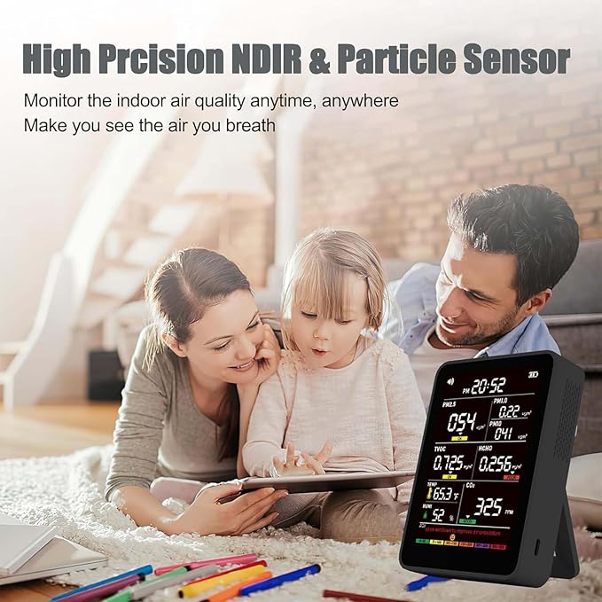 Professional Indoor Air Quality Monitor with AQI Alerts, Portable Real-Time Detector for Home, Car, Plants & Pets (Black)