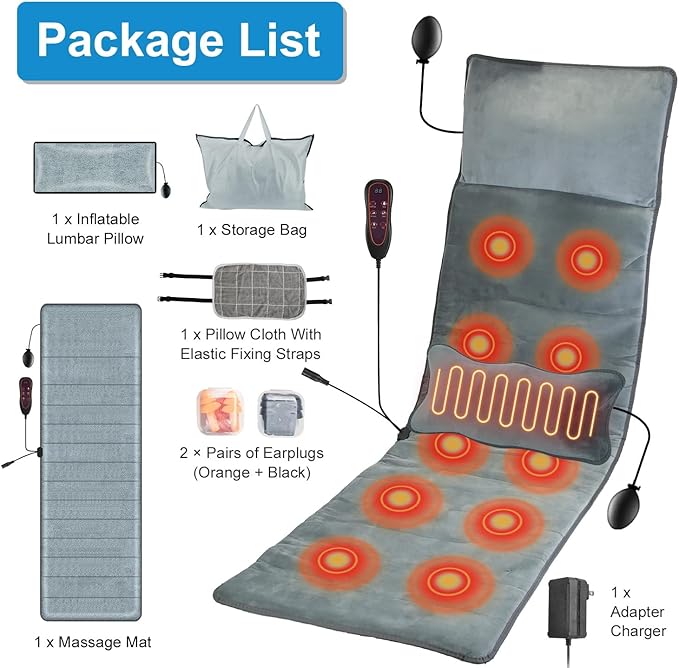 KOCASO Full Body Massage Mat with Heat Electric Vibration Massage Pad Back Massager Inflatable Head Pillow for Chair 10 Motors 9 Modes 3 Heat Levels Lumbar Pillow for Gift/Type 5 with 2 Earplugs