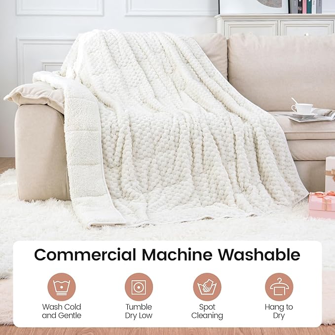 Super Fuzzy Soft Fleece Sherpa Weighted Blanket 15 lbs for Adults, 3D Imitation Turtle Shell Luxury Weighted Throw for Better Sleep, Dual Sided Cozy Blankets for Couch Bed, Cream White, 48" x 72"