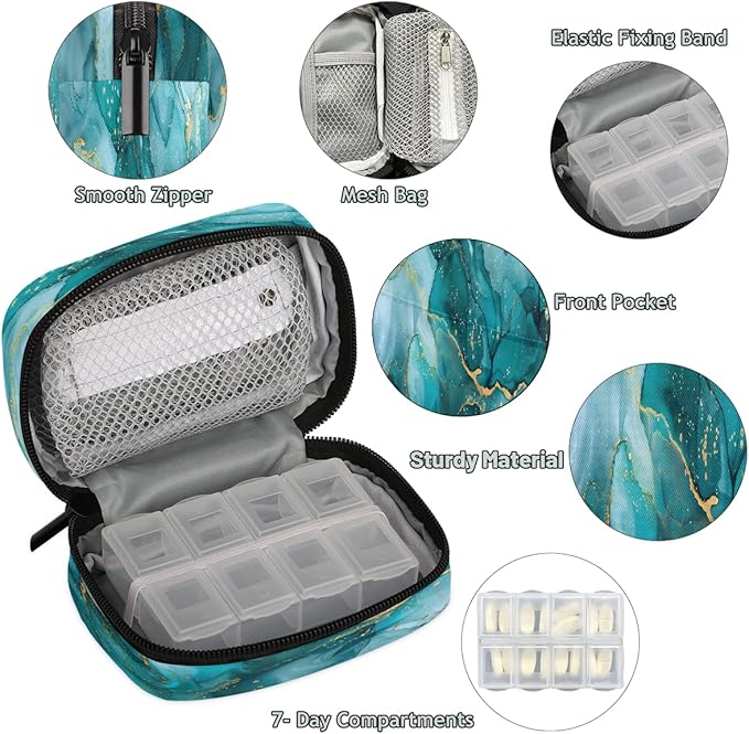 Abstract Teal Ink Marble Travel Pill Organizer Box Weekly Portable Pill Case Daily Pills 7 Day Small Birth Control Pills Container Removable Compartments for Medicine Vitamins Fish Oil