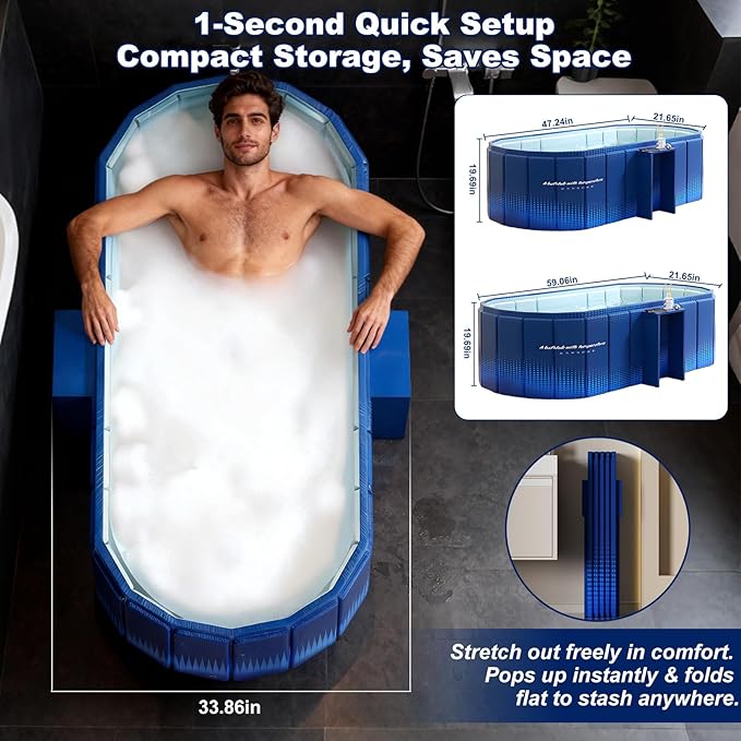 Portable Bathtub for Adult 59" Large Collapsible Cold Plunge Bathtub Foldable No Installation Ice Bath Tub for Shower Stall, Bathroom Hot SPA Soaking Standing Tub