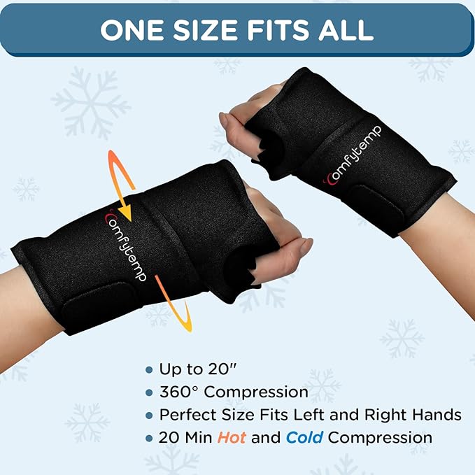 Comfytemp Wrist Ice Pack Wrap for Carpal Tunnel Relief, 2 Gel Packs, Hot Cold Compression Brace for Hand Injuries Reusable, Tenosynovitis, Recovery Items for Men Women (Black)