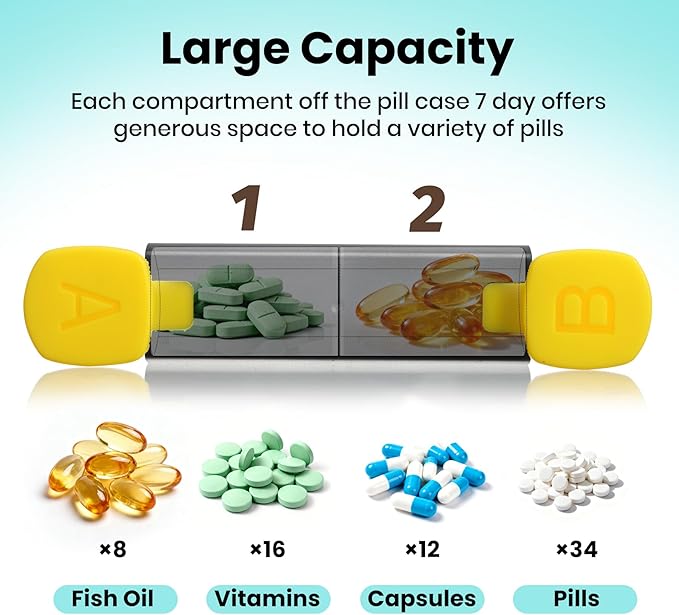Weekly Pill Organizer 2 Times a Day, Lockable 7 Day AM PM Pill Box for Seniors, Large Travel Pill Case for Vitamins, Fish Oil, Supplements and Medication, Waterproof BPA-Free ABS, Black