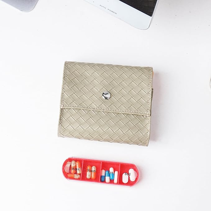 Pill Organizer,LIZIMANDU Weekly Travel Pill Case Box Medication Reminder Daily AM PM, Day Night 7 Compartments,for 4 Times A Day, 7 Days a Week-Includes Leather PU Carrying Case(1-Weave Green1)