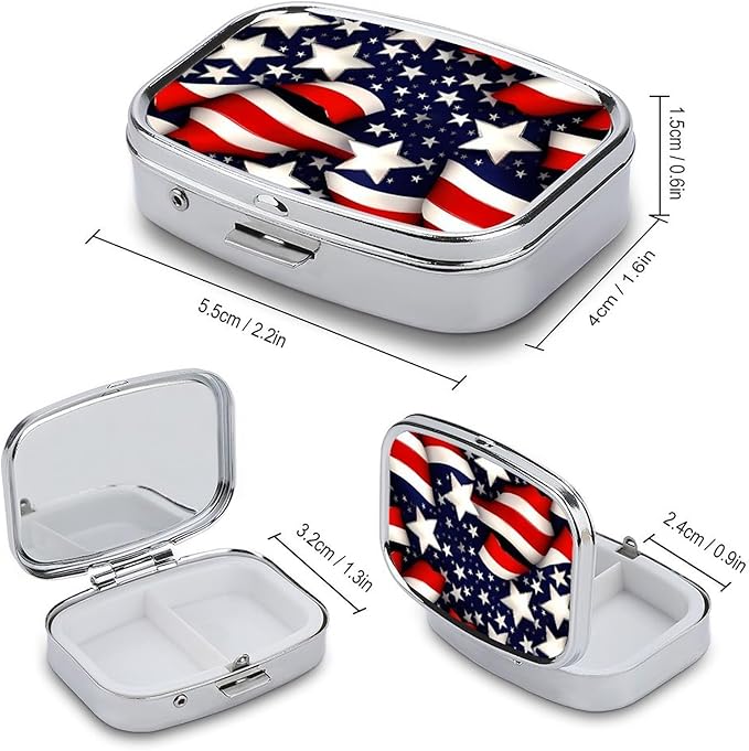 American Flag Stars Stripes Pill Box for Women Men Pocket Square Pill Case Decorative Box Medicine Vitamin Metal Pill Organizer Portable Pill Holder for Travel Unique Gift