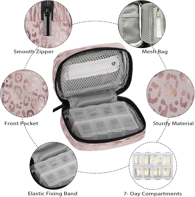 Animal Paw Print Rose Pill Case Travel Pill Organizer Weekly 7 Day Portable with Zipper Medicine Box Pill Case for Vitamins, Birth Control,Fish Oils,Medication, Supplements