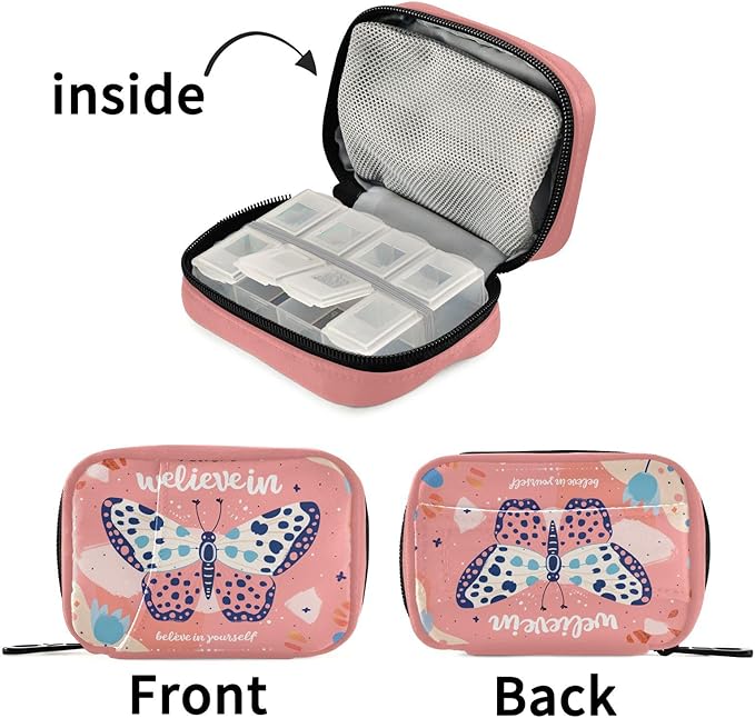 Pink Butterfly Daily Vitamin Medicine Organizer Travel Pill Organizer Daily Medicine Container Twill Pill Case Bag