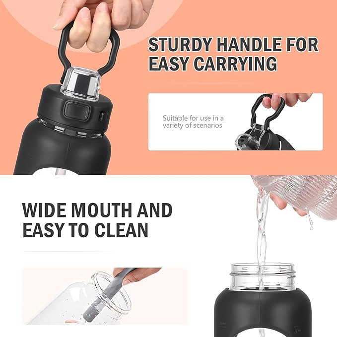 Kodrine Water Bottle With Straw and Carry Handle, Glass Water Bottle 24 oz Leak Proof Locking Lid with Soft Silicone Spout, Reusable Drinking Cups for Travel Sports with Time Marker,Black