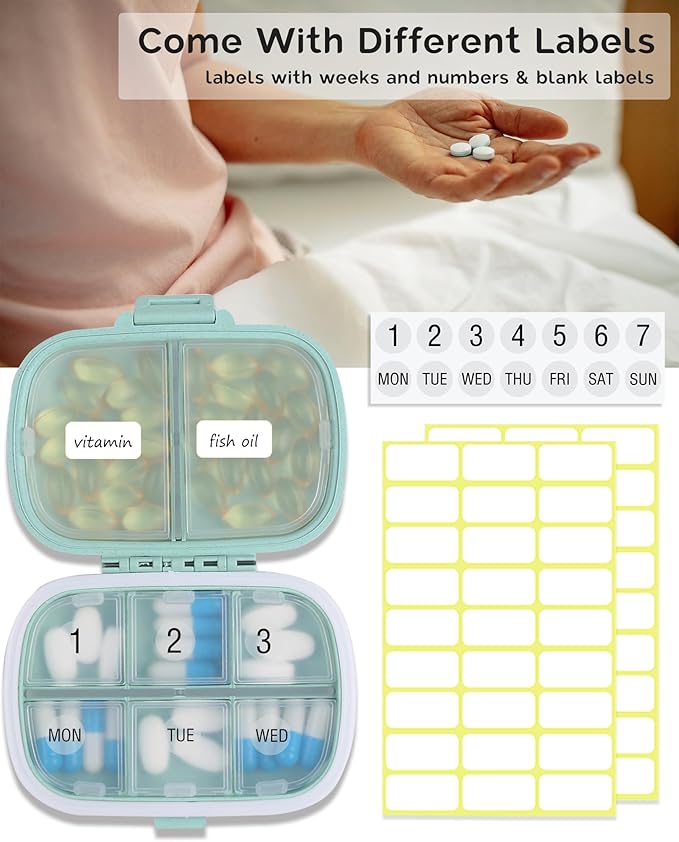 8 Compartments Travel Pill Organizer, Daily Pill Case Small Pill Box for Pocket Purse, Portable Pill Container Medicine Vitamin Organizer (Green)