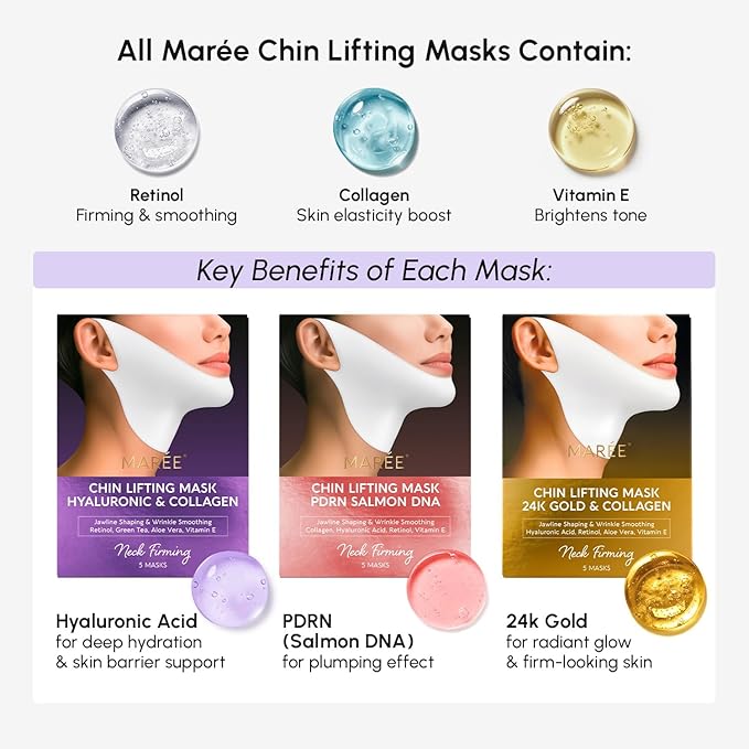 MAREE V Line Lifting Mask with PDRN Salmon DNA – Deep Collagen Face Mask for Women – Jawline Shaper Facial Masks with Retinol – Tightening & Firming Neck Lift Tape – Double Chin Strap for Face Lift