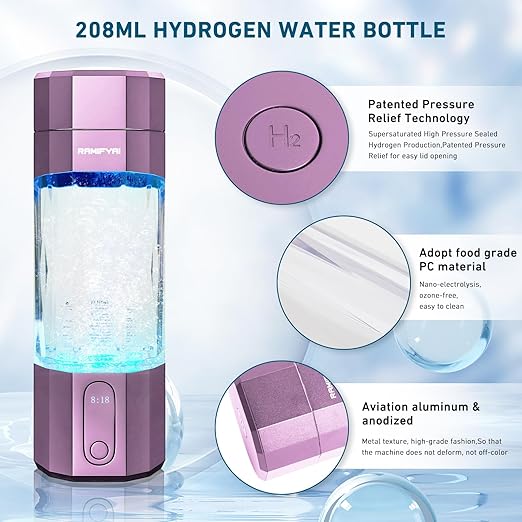 New Upgrade 10000PPB Hydrogen Water Bottle SPE/PEM Technology Seven Colorful Light Double Anti-Slip and Leak-Proof Hydrogen Water Generator with LCD Display (Purple, H80)