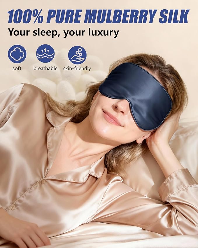100% Mulberry Silk Sleep Mask with Adjustable Strap, 16-Momme Light-Blocking Eye Mask for Sleeping, Hypoallergenic Silk Eye Masks for Women and Men, Perfect Travel & Gift Choice（Navy Blue）