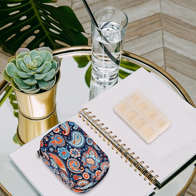 Flower Paisley Pill Box Small Travel Organizer 7 Day Weekly Ethnic Floral Medicine Case Cute Compact Size Vitamin Container Portable Holder Bag with Zipper