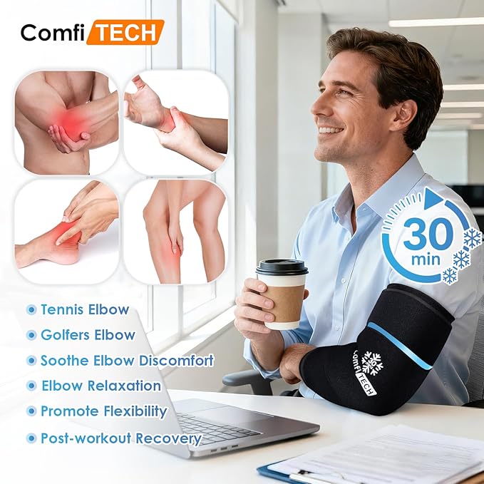 ComfiTECH Dual-Gel Elbow Ice Pack Wrap with Extended 30-Minute Cooling, Detachable Ice Pack & Flexible Reusable Gel Ice Sleeve for Comfort in Tennis Elbow, Golfer Arm, Muscle Relaxation, Medium