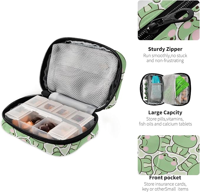 Pill Case 7 Day Pill Organizer Cute Frog Animal Travel Pill Case Portable Weekly Pill Box Bag Container Vitamin Supplement Holder with Zipper for Family Business