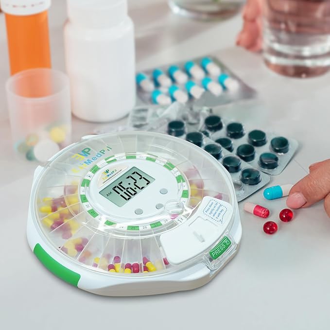 EziMedPil Bluetooth Pill Dispenser w/Audio & Visual Alerts, SmartLife Setup, up to 9 Alarms/Daily, 9 Dosage Templates, LCD Display, Lock Medication Dispenser w/Key for Prescriptions & Vitamins, Clear