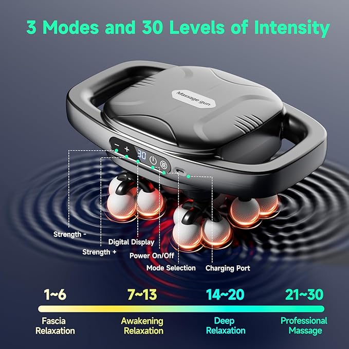 16-Head Massage Gun, 3 Modes & 30 Levels, Electric Massage Tool for Shoulder, Waist, Legs, Back Massager for Pain Relief Deep Tissue, Quiet & Powerful Full Body Massager, Ideal Gift for Men & Women