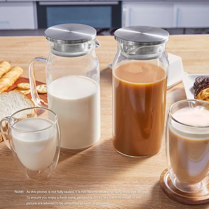 Bivvclaz 2 Pack 1.2 Liter 40 oz Small Glass Pitcher with Lid and Handle, Glass Carafe Water Pitcher for Hot/Cold Water, Iced Tea, Drinks, Coffee, Juice and Homemade Beverage
