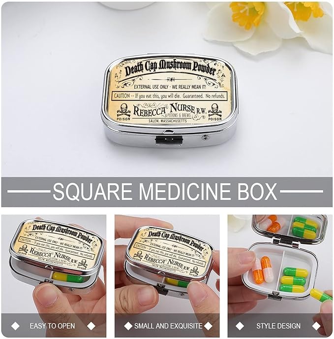Metal 2 Compartment Pill Organizer Travel Friendly Portable Compact Pill Box Cute Pill Case to Hold Vitamins/Fish Oil/Supplements/Meds/Tablet for Purse/Pocket (Vintage Skull Label)